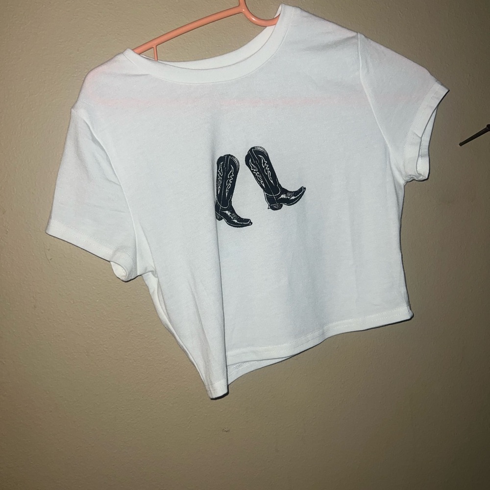 SHEIN White Crop Top with Black Boot Print